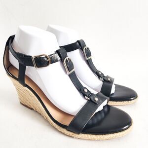 Antonio Melani Espadrille Black Leather T-Strap Caitlynn Wedge Sandals Size 9.5